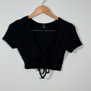 🖤 Wild Fable Black Ribbed Crop Top Tie Front Size Small Short Sleeve‎ V-Neck